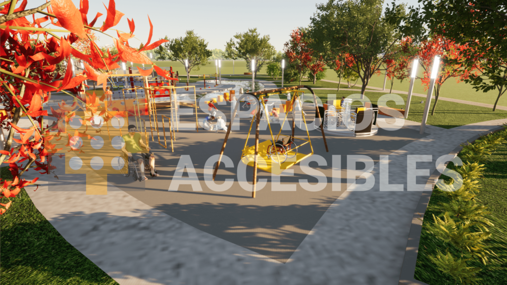 Espacios accesibles con juegos infantiles. Columpios y ruletas inclusivas para personas con discapacidad.