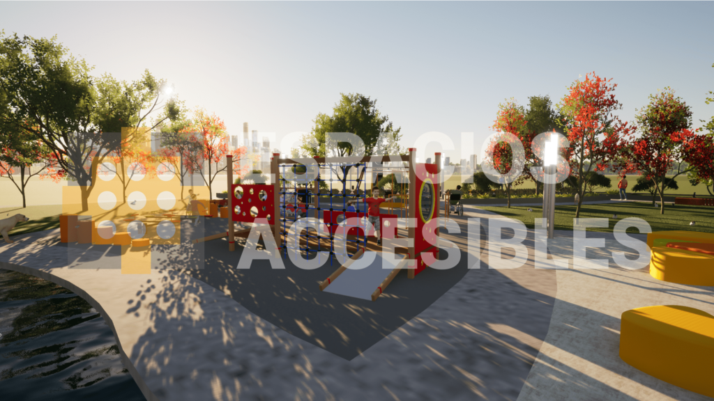 Espacios accesibles con juegos infantiles. Castillo adaptado para personas con discapacidad.