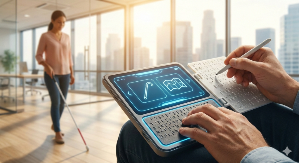 mujer con discapacidad visual usando bastón mientras otra persona usa una tablet con braille integrado